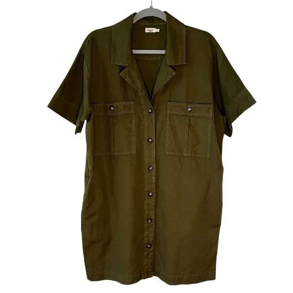 Faherty Linen Blend Palos Verdes Shirt Dress Olive Green Utility Coastal SZ L - Picture 5 of 16